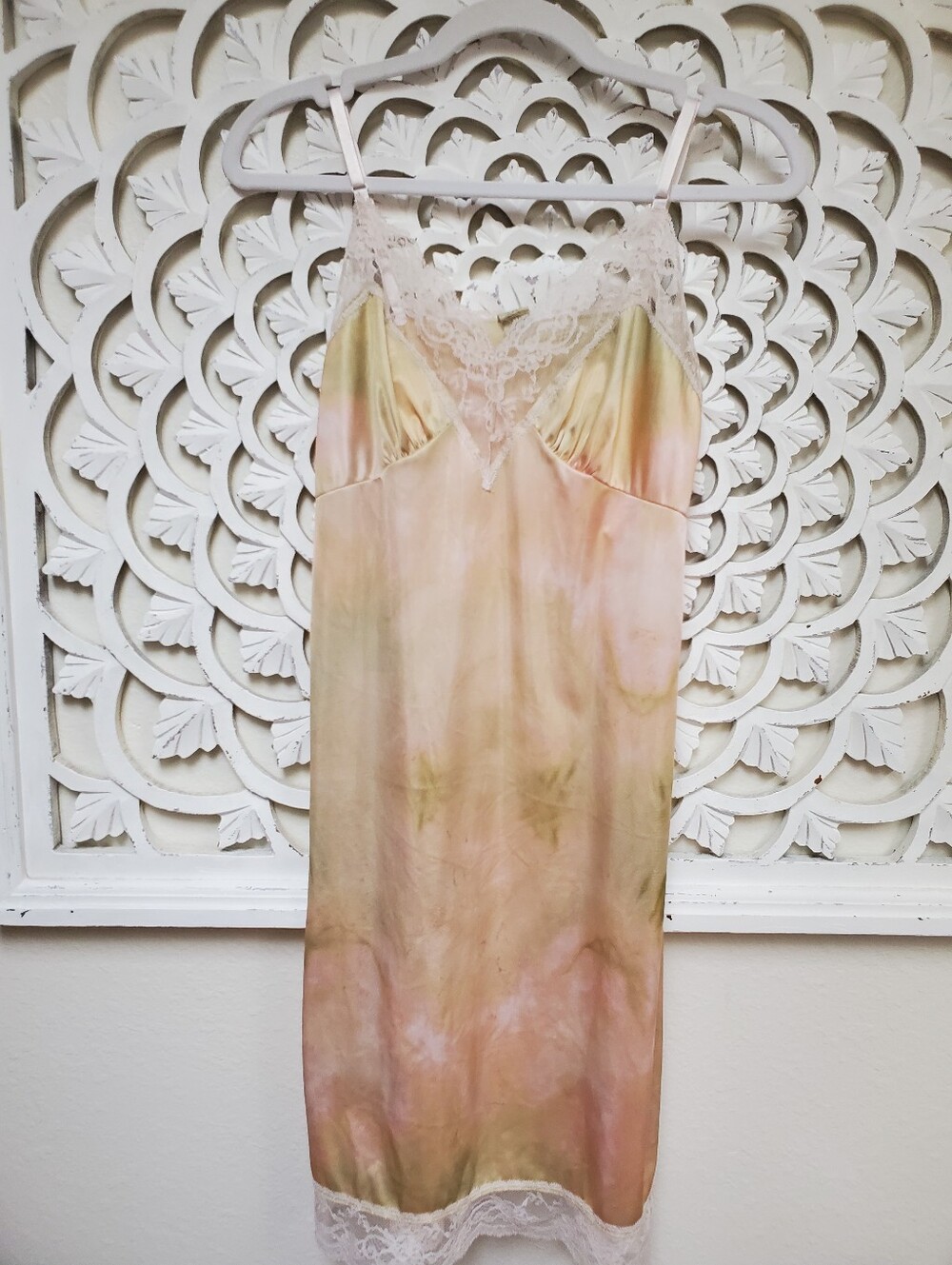 Vintage Upcycled Tea Dyed Nylon Slip Dress With Lace Best Fit XS TO SMALL